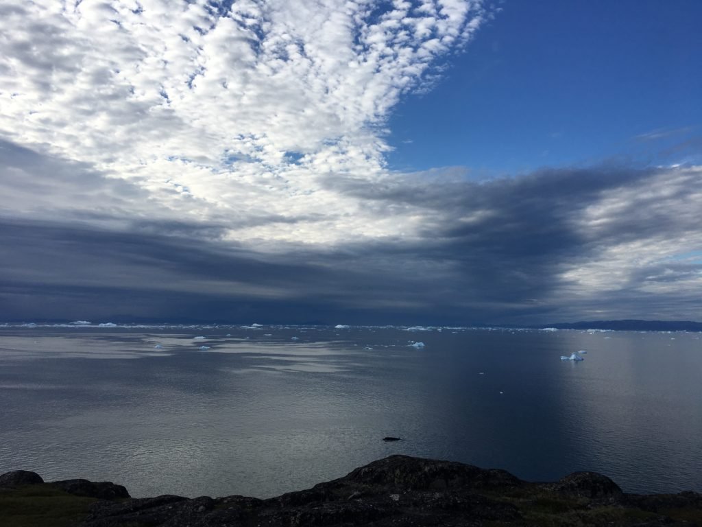 Whale spotted among the drifting icebergs in Disko Bay, Greenland