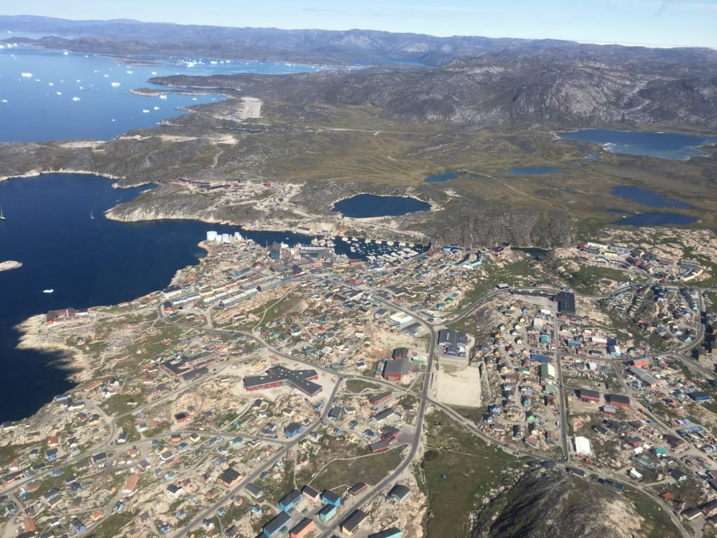 View of downtown Ilulissat, the harbour and the airport (taken from helicopter)