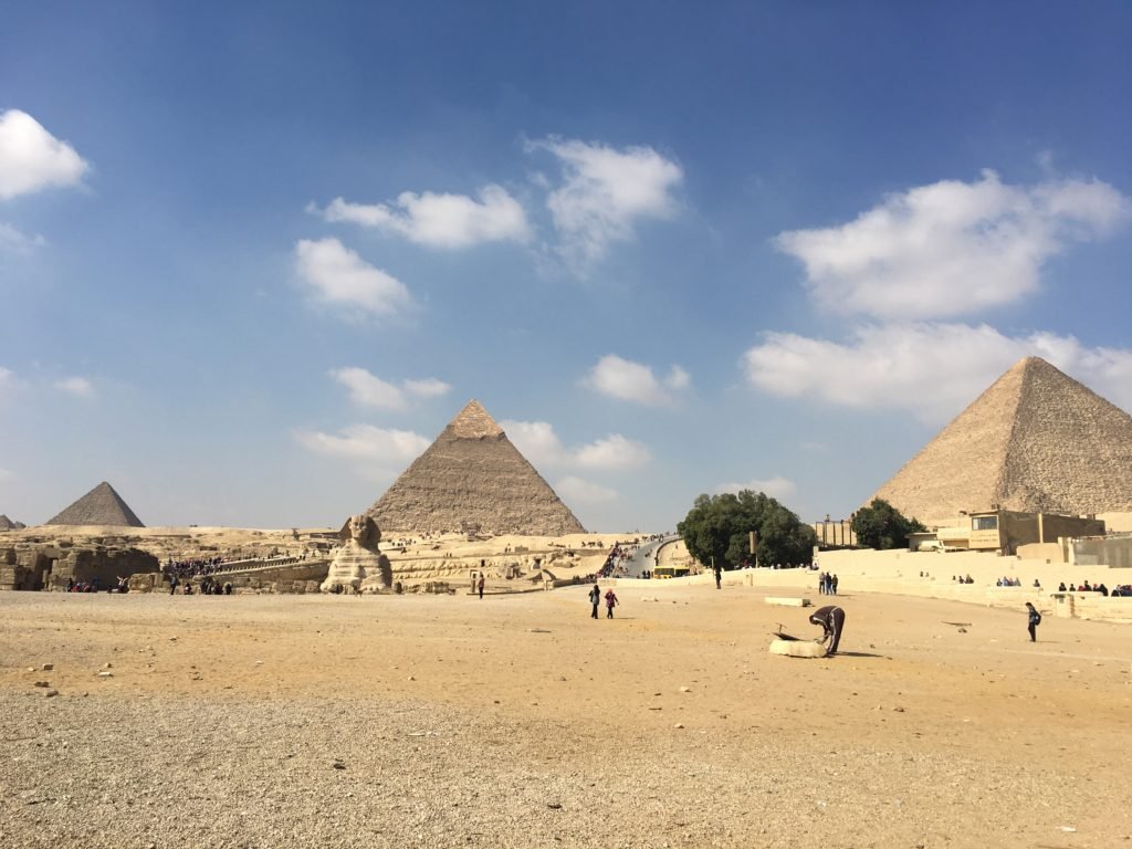 The world famous Giza pyramids (from right to left: Khufu, Khafre and Menkaure)